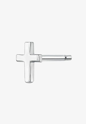 Colgante de cruz en tono plateado con un acabado pulido, que presenta un diseño geométrico simple y un accesorio de barra recta para llevarlo.