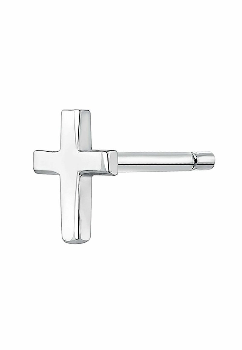 Colgante de cruz en tono plateado con un acabado pulido, que presenta un diseño geométrico simple y un accesorio de barra recta para llevarlo.