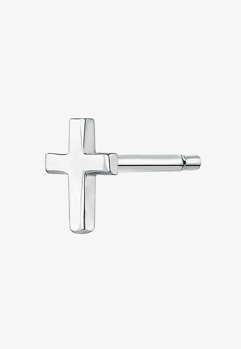 Colgante de cruz en tono plateado con un acabado pulido, que presenta un diseño geométrico simple y un accesorio de barra recta para llevarlo.