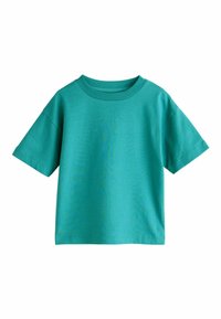 Tricou turcoaz din bumbac, cu gât rotund, mâneci scurte și croială lejeră. Textură netedă, fără modele sau ornamente.