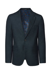 Ciemnoniebieska marynarka męska z klapami, dwiema przednimi kieszeniami z klapami, dwoma guzikami i niebieską podszewką w kwiatowy wzór.