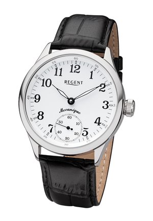 Analoge Armbanduhr mit weißem Zifferblatt, schwarzen arabischen Zahlen, schwarzen Stunden- und Minutenzeigern, kleiner Sekundenzähleranzeige und schwarzem Lederarmband.