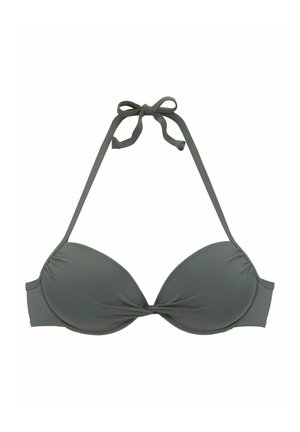 Top bikini verde scuro con coppe moldate, dettaglio a torsione nella parte anteriore e spalline regolabili al collo. Tessuto morbido con una leggera lucentezza, senza fantasie.