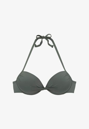 Dark green bikini top with molded cups, twist-front detail, and adjustable halter straps. Smooth fabric with subtle sheen, no patterns.