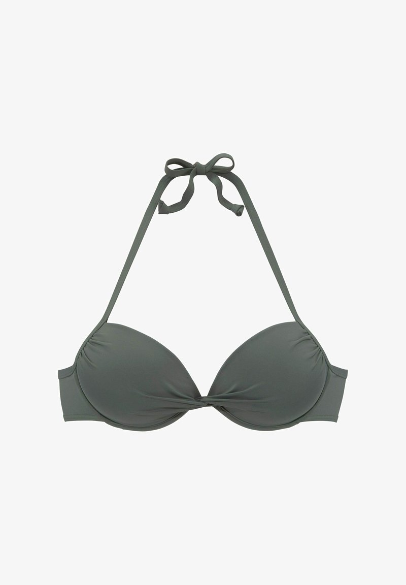 Dunkelgrüner Bikini-Oberteil mit vorgeformten Cups, Details mit verdrehtem Frontdesign und verstellbaren Halterträgern. Glattes Material mit subtiler Glanzwirkung, ohne Muster.