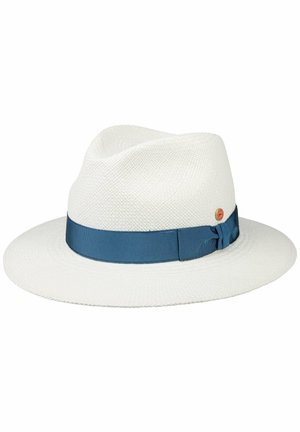 White woven fedora hat with a wide brim and a blue ribbon band featuring a small round tag on the side.