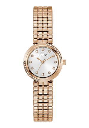 Roséguld klocka med rund urtavla, silverfärgad urtavla, kristalltimmarkörer och ett strukturerat armband med sammanlänkade fyrkantiga länkar.