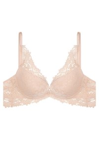 Spitzen-BH in zartem Pfirsich, mit dreieckigen Cups, verstellbaren Trägern und Blumenmuster. Unterwäschesupport mit dekorativem Akzent in der Mitte.