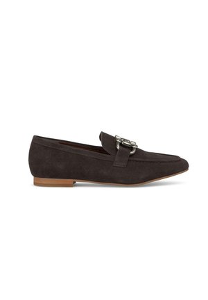 Dark brown suede loafers with a pointed toe, featuring a silver buckle accent and a low wooden heel for a sleek, sophisticated design.
