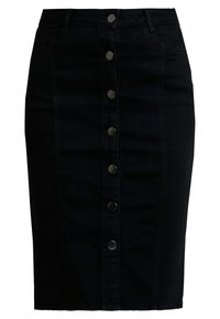 Zwarte denim rok met een rechte pasvorm, sluiting met knopen aan de voorkant en twee zijzakken. Glad textuur met een klassiek ontwerp.