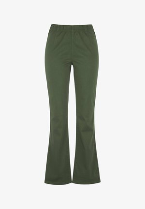 Olivgrüne, ausgestellte Hosen aus weichem Stoff. Mit einem elastischen Bund und frontalen Taschen. Glatte Textur mit einem schlichten Design.