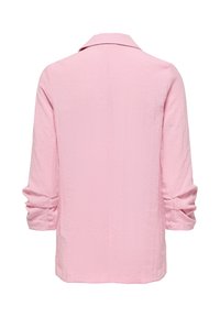 Blazer de manga larga color rosa claro con cuello, visto desde atrás, mangas ligeramente fruncidas cerca de los puños.