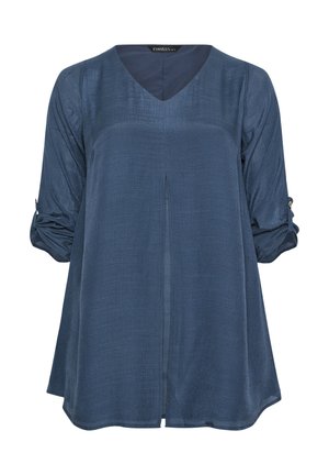 Marineblauwe blouse met lange mouwen, opgerolde mouwen en een plissé aan de voorkant in het midden, met een V-hals en een losse pasvorm.