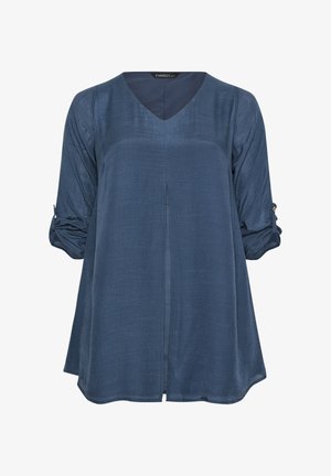 Marineblauwe blouse met lange mouwen, opgerolde mouwen en een plissé aan de voorkant in het midden, met een V-hals en een losse pasvorm.