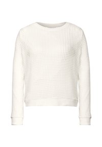 Biały sweter z teksturowanego materiału, z designem w wafelki, okrągłym dekoltem, ściągaczami przy mankietach i na dolnej krawędzi. Lekki materiał z luźnym krojem.