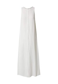 Langes, ärmelloses weißes Kleid aus einem leichten Stoff mit geradem Schnitt, das eine Mittelnaht und einen runden Ausschnitt aufweist.