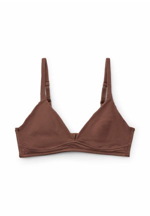 Soutien-gorge triangle en coton marron avec bretelles fines réglables et texture lisse. Présente un design sans coutures et des détails cousus le long des bords.