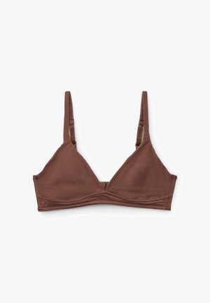 Soutien-gorge triangle en coton marron avec bretelles fines réglables et texture lisse. Présente un design sans coutures et des détails cousus le long des bords.