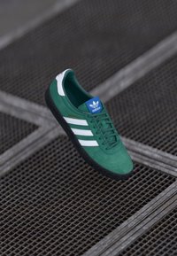 Tenis verde din suede cu dungi albe, având un logo albastru pe limba încălțămintei și o talpă din cauciuc negru texturat. Numele modelului: "Montreal."