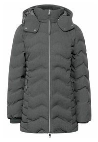 Grå pufferjacka med dragkedja, quiltat mönster, avtagbar huva och sidofickor. Har ribbade ärmslut och slät textur.