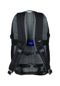 Black backpack with padded mesh back and straps. Features adjustable buckles, a hanging loop, and a textured gray panel on the back.