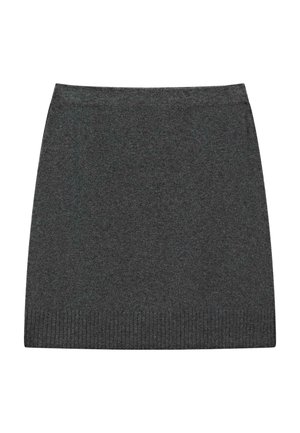 Dark gray knit mini skirt with ribbed hem, straight cut, and simple waistband, laid flat on white background.