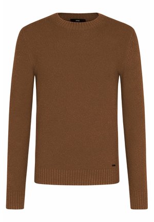 Brązowy sweter z dzianiny z długim rękawem i okrągłym dekoltem, z prążkowanymi mankietami i dołem, wykonany z teksturowanej tkaniny, prosty wzór bez wzorów ani logo.