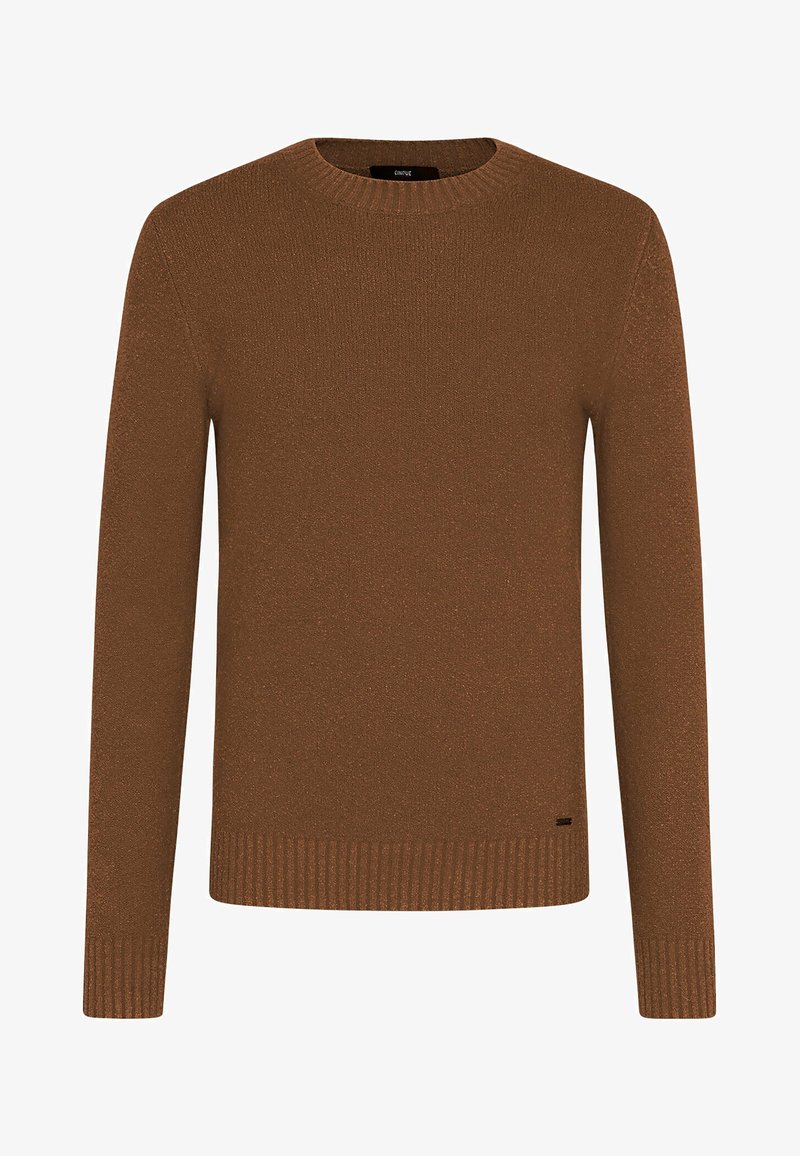 Pull marron à col rond et manches longues en maille, avec poignets et ourlet côtelés, fabriqué en tissu texturé, design uni sans motifs ni logos.