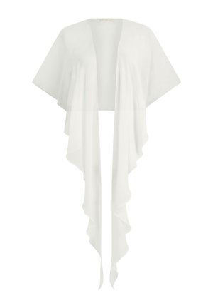 Cardigan bianco aperto sul davanti in stile kimono con ampie maniche corte e lunghe pannelli frontali fluidi con bordi arricciati.