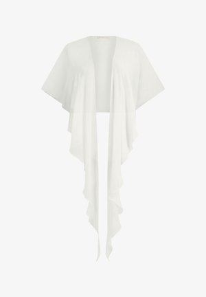 Cardigan kimono blanc à ouverture devant, avec de larges manches courtes et de longs panneaux avant fluides aux bords froncés.