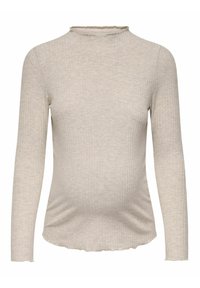 Langzaam, ribbelmaterniteitstop met lange mouwen in lichtbeige, met een hoge halslijn en een lichte uitlopende zoom, gemaakt van zachte, rekbare stof.