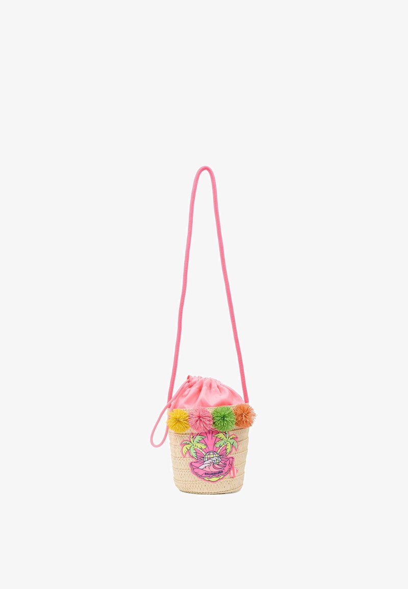 Petit sac seau tressé avec haut à cordon rose, pompons colorés, motif de palmier et coquillages, et longue bandoulière rose.