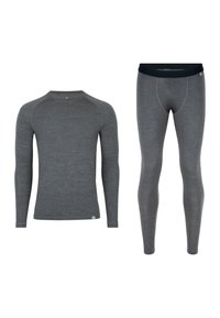 Graues Thermo-Langarmshirt und Leggings mit Rundhalsausschnitt, figurbetontem Design und flachen Nähten. Der Stoff hat eine glatte Textur.