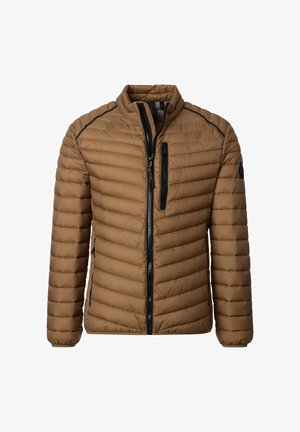 Braune gesteppte Pufferjacke mit schwarzen Reißverschlussdetails, Stehkragen, Brusttaschenreißverschluss und Seitentaschen, vor einem weißen Hintergrund präsentiert.