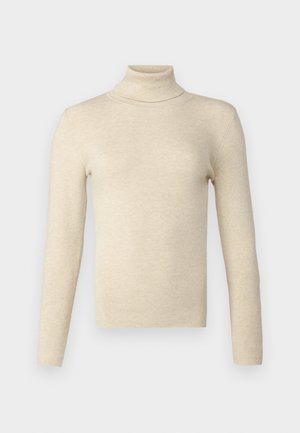 Beige ribbed turtleneck sweater in a fitted design with long sleeves. Soft texture, minimal detailing, and a smooth finish.
