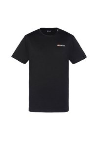 Camiseta de algodón negra con mangas cortas, cuello redondo, que presenta un pequeño logo "SCHOTT NYC" en rojo, blanco y azul en la parte izquierda del pecho.