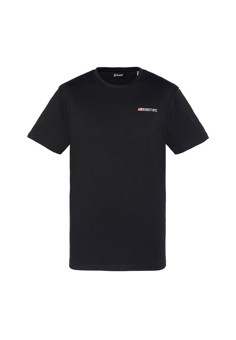 Camiseta de algodón negra con mangas cortas, cuello redondo, que presenta un pequeño logo "SCHOTT NYC" en rojo, blanco y azul en la parte izquierda del pecho.