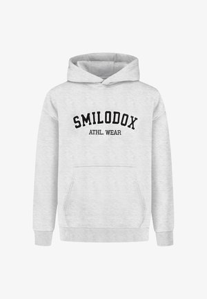 Grauer Kapuzenpullover mit einer Vordertasche, ausgestattet mit einem schwarzen aufgedruckten Logo "SMILODOX ATHL. WEAR" über der Brust und gerippten Bündchen.