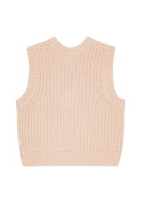 Stickad ärmlös tröja i ljusrosa, med ribbad textur och rund halsringning med tydliga axelsömmar. Inga synliga knäppningar.