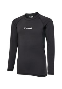 Schwarzes Langarmshirt aus glattem, elastischem Stoff. Mit rundem Ausschnitt und einem weißen Logo auf der Brust.