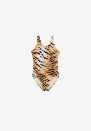 Jednoczęściowy strój kąpielowy z motywem tygrysiego printu, szerokimi ramiączkami i umiarkowanym wycięciem na nogi na białym tle.