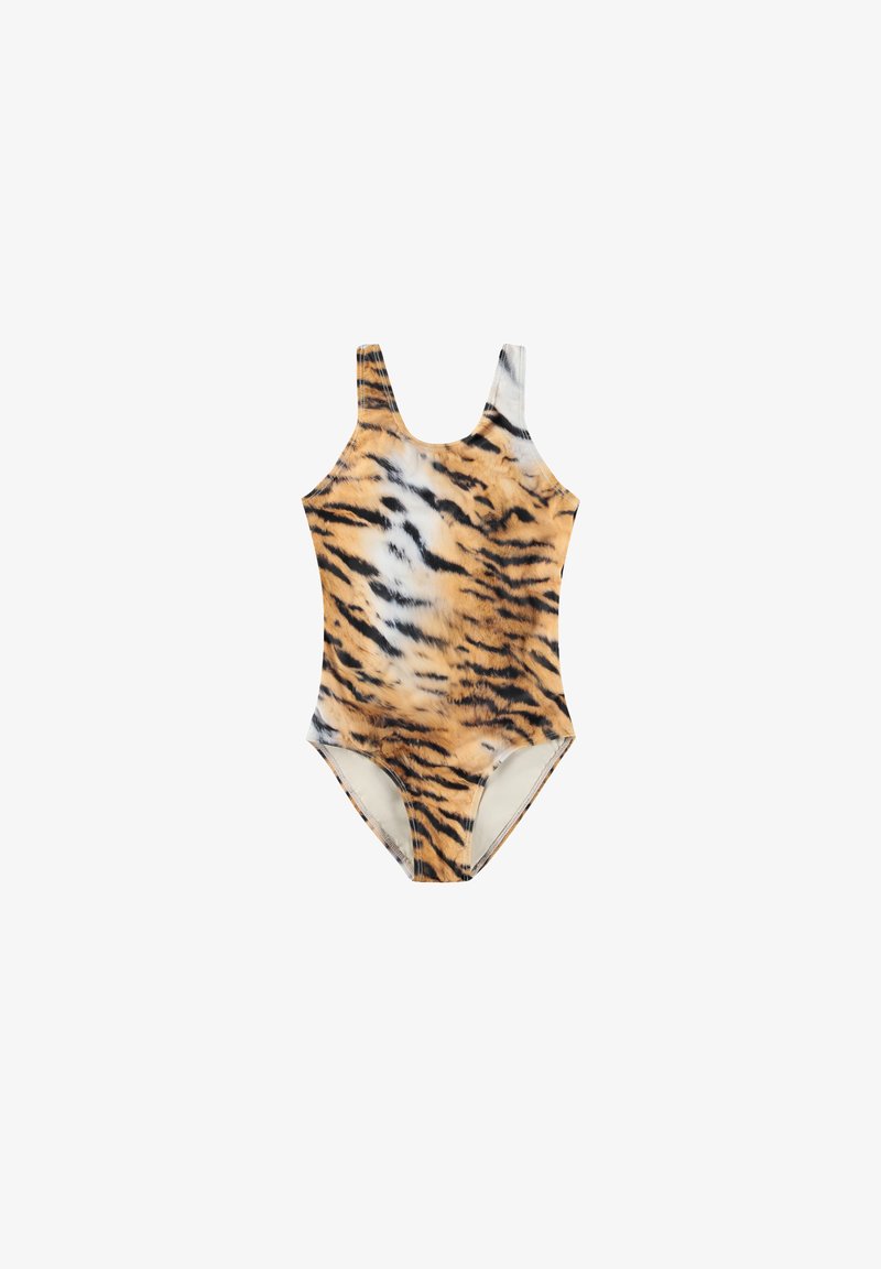 Ολόσωμο μαγιό με τύπωμα τίγρης, φαρδιές τιράντες στους ώμους και μεσαία κοπή στα πόδια, σε λευκό φόντο.