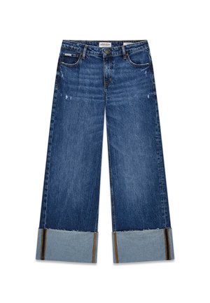 Weite Denim-Jeans in Dunkelblau mit distressed Details. Die Säume verfügen über einen kontrastierenden, helleren Denim mit einem doppelt genähten Saum.