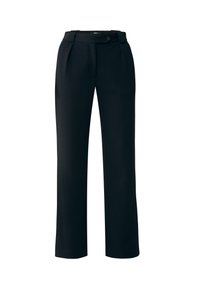 Pantalones negros a medida, fabricados con un tejido suave y resistente a las arrugas. Presentan un frente plano con pliegues, cierre de botón y un diseño de pierna recta.