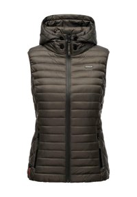 Lättviktsväst med huva i mörk olivgrön färg, med horisontella quiltade paneler, dragkedja framtill och två sidofickor.