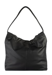 Sort læder skuldertaske med et slapt design, rundt top og en glat tekstur. Har en enkel justerbar rem. Minimal syning detaljer.