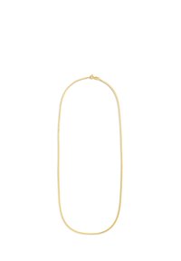 Goldfarbene Metallkette mit einem glatten, dünnen Kettendesign, ausgestattet mit einem klassischen Karabinerverschluss und einer einheitlichen, polierten Oberfläche.