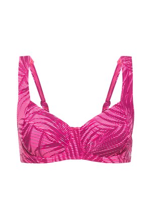 Rosa gemusterter Bikini-Oberteil mit einem strukturierten Design, das diagonale Linien aufweist. Verstellbare Träger und ein stabilisierender Unterdraht für Unterstützung.