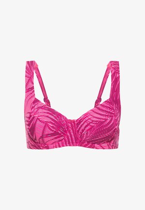 Rosa gemusterter Bikini-Oberteil mit einem strukturierten Design, das diagonale Linien aufweist. Verstellbare Träger und ein stabilisierender Unterdraht für Unterstützung.