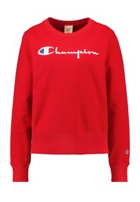 Rode sweatshirt van katoen, met een ronde hals, ribgebreide manchetten en een witte geborduurde "Champion" logo op de voorkant.